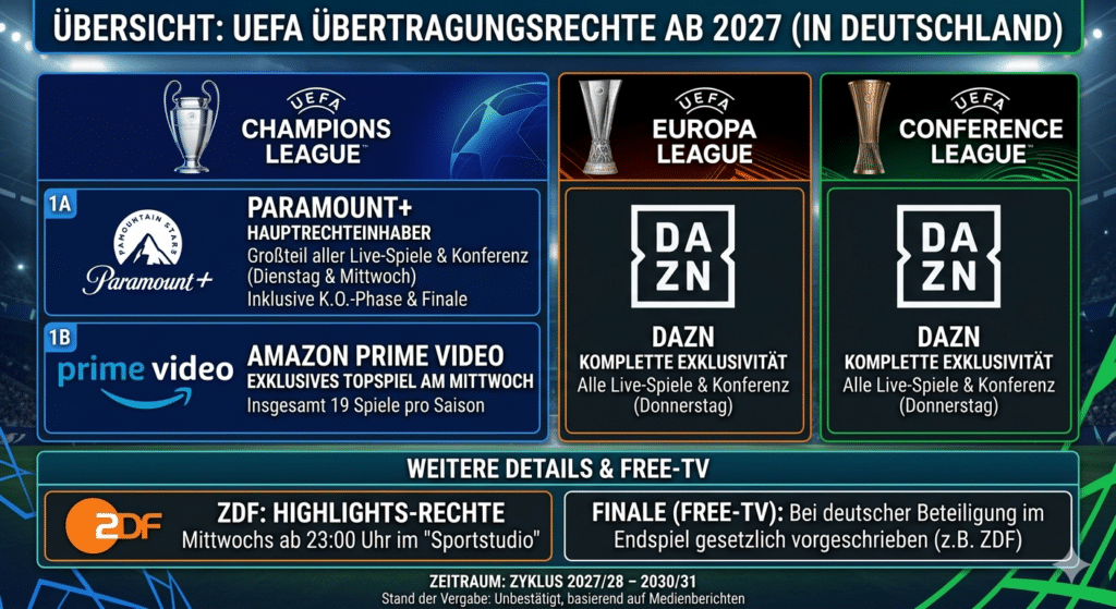 Infografik der UEFA Übertragungsrechte ab 2027 mit Logos von Paramount Plus, Amazon Prime und DAZN