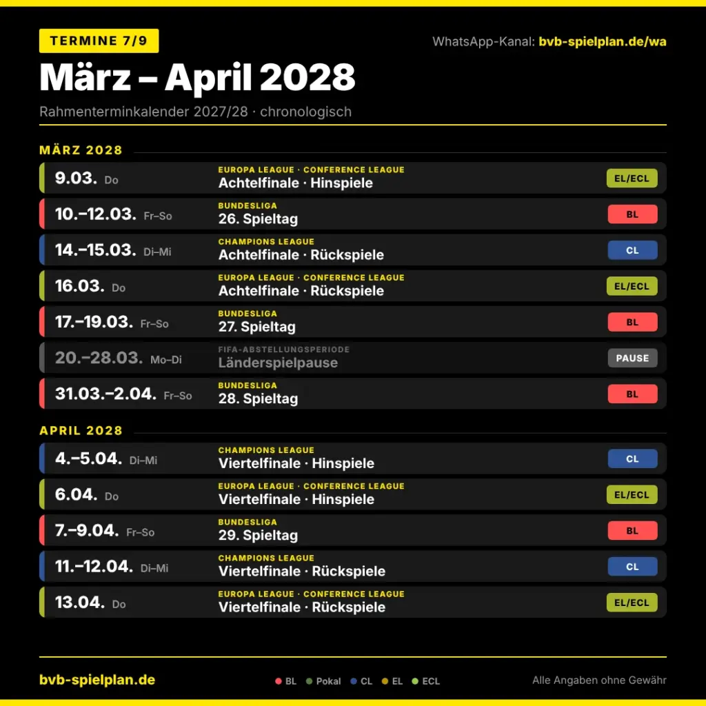 BVB Rahmentermine 2027/28: Termine März und April 2028